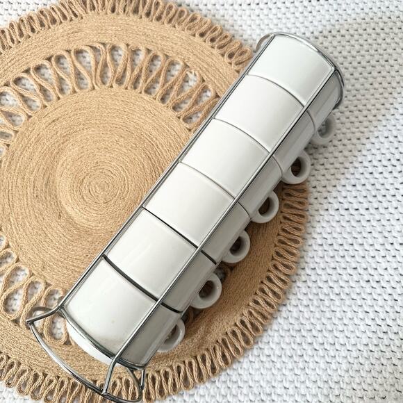 Pier 1 Solid White Stackable Stoneware Coffee Espresso 6 Piece Set Silver Rack - Picture 1 of 7